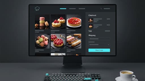 Pastry shop e-commerce platform showing product catalog and order management